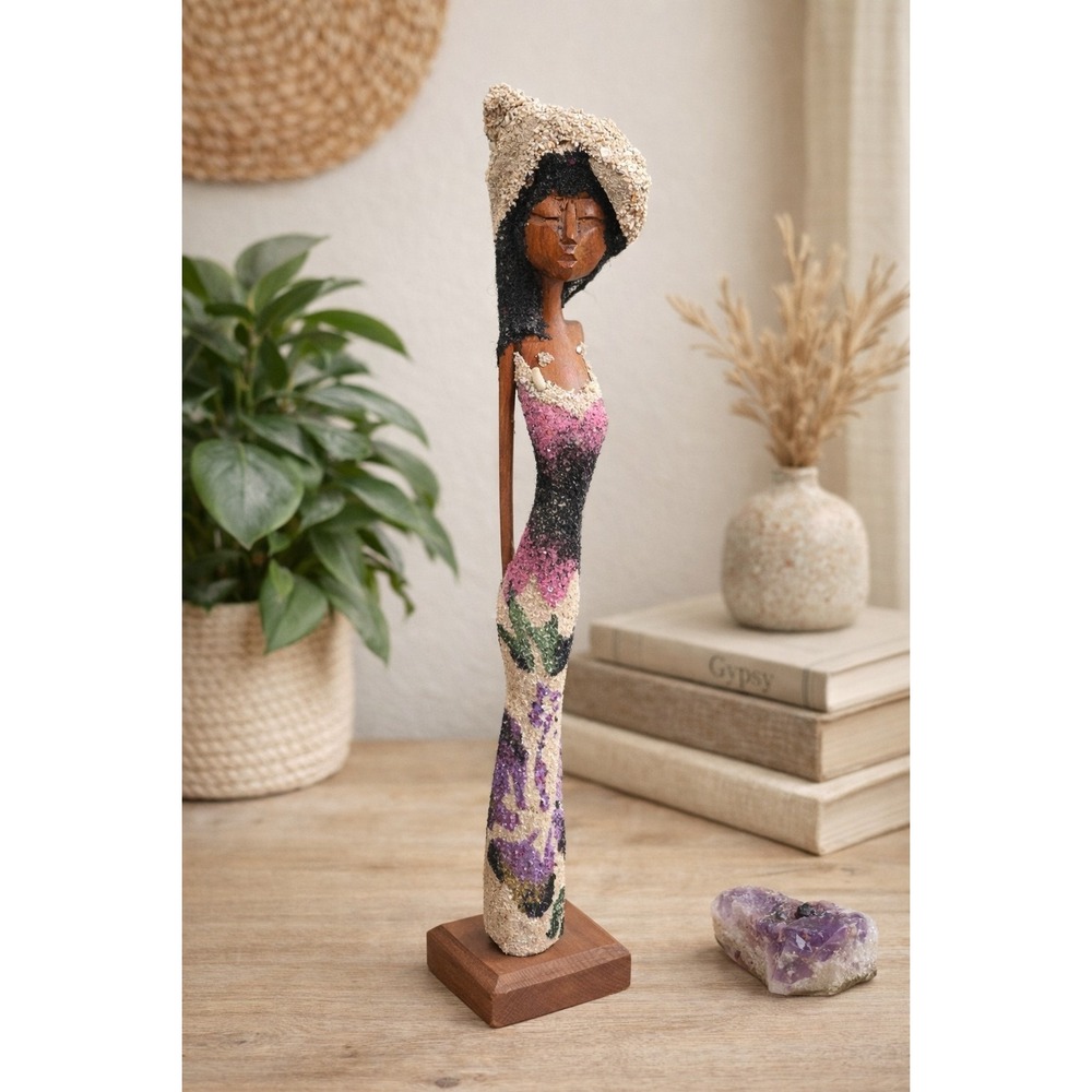 Hand Carved Wooden Folk Art Figure | Boho African-Inspired Sculpture Sand Art